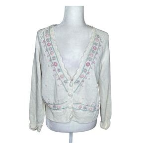 Vintage 90’s Knit white with floral design Grandpa Cottage core Cardigan size S